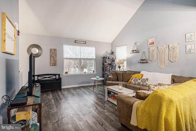 living room with dark hardwood / wood-style flooring and vaulted ceiling