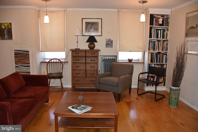 living room with light wood-type flooring, crown molding, and radiator