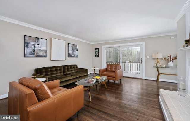 living room with dark hardwood / wood-style flooring and ornamental molding