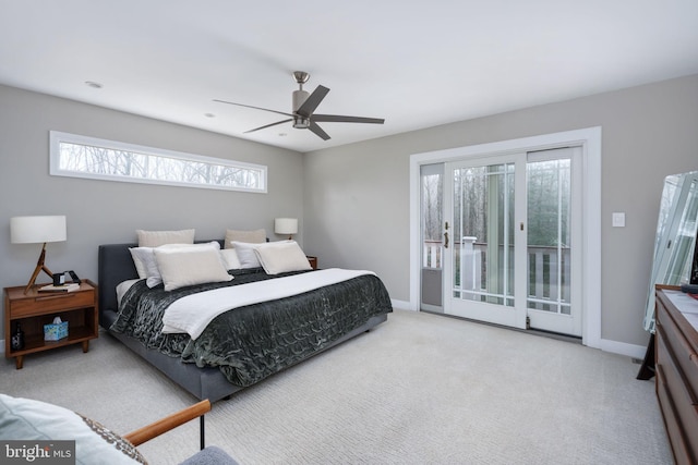 carpeted bedroom with access to exterior and ceiling fan