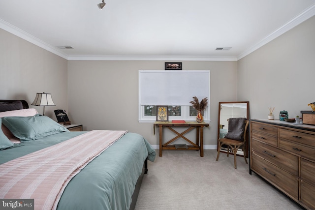 bedroom featuring light carpet and crown molding