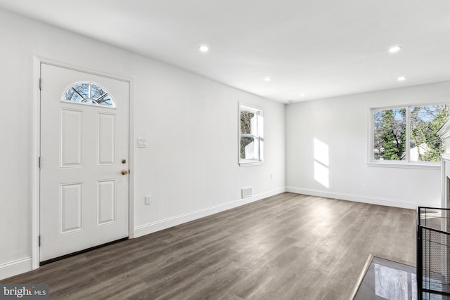 foyer entrance with dark hardwood / wood-style floors