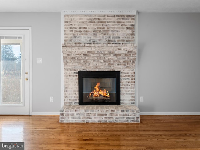 details with hardwood / wood-style flooring and a fireplace