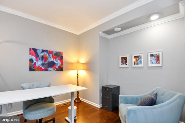 office area featuring dark hardwood / wood-style floors and ornamental molding