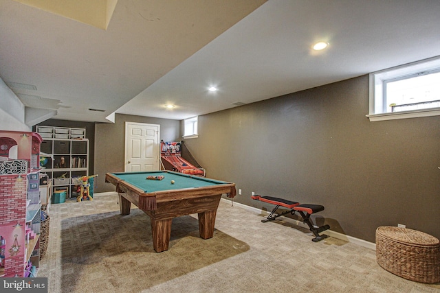 game room featuring carpet and billiards