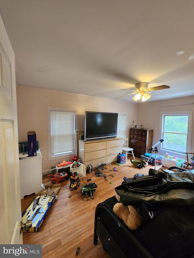 bedroom with a ceiling fan and wood finished floors