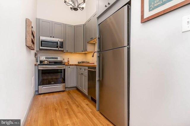 kitchen with stainless steel appliances, backsplash, a chandelier, light hardwood / wood-style floors, and gray cabinets