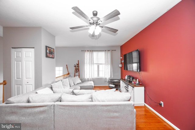 living room with ceiling fan and hardwood / wood-style floors