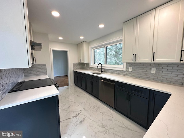 kitchen with dishwasher, white cabinets, exhaust hood, and sink