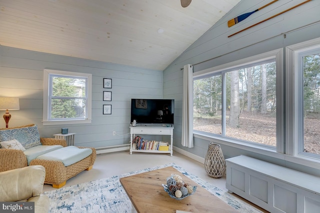 living room with wooden ceiling, wooden walls, a baseboard radiator, and lofted ceiling