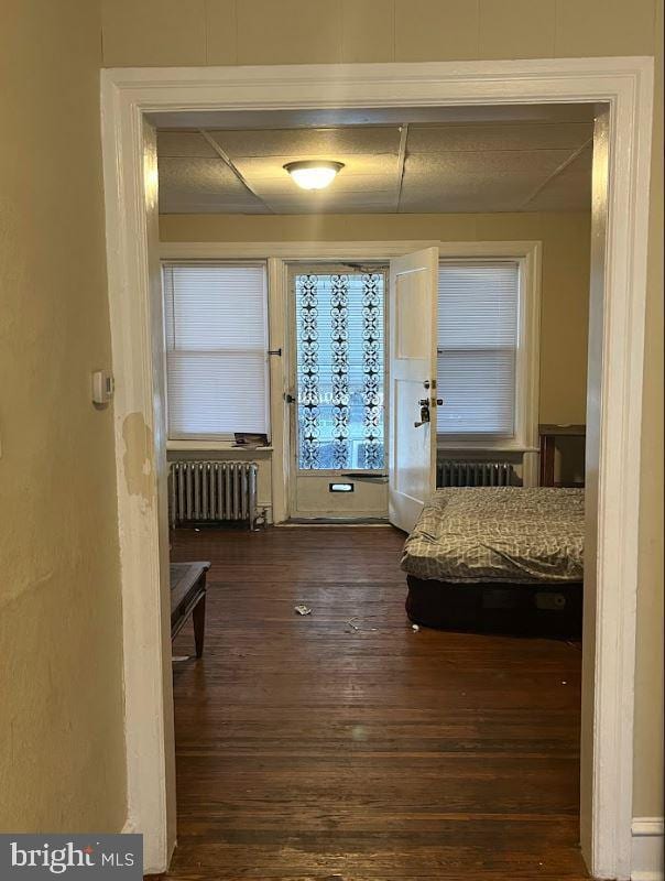 interior space with dark hardwood / wood-style floors and radiator heating unit