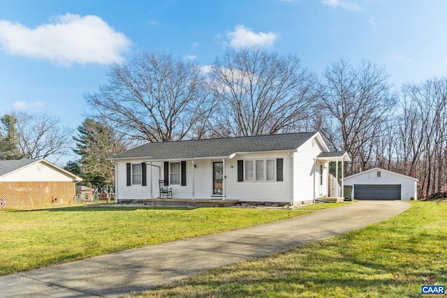 single story home featuring a porch, a garage, a front lawn, and an outdoor structure