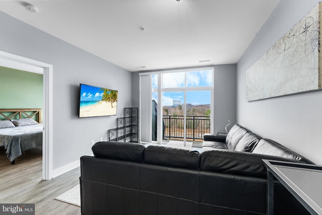 living area with expansive windows, light wood-style flooring, and baseboards