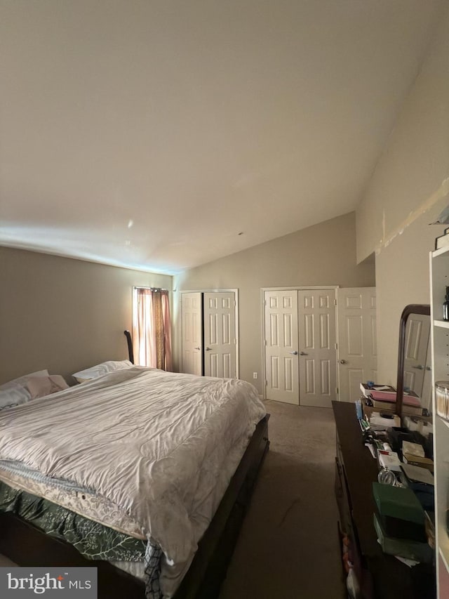 carpeted bedroom featuring two closets and vaulted ceiling