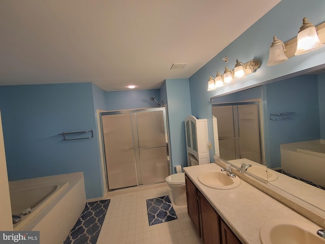 full bathroom with vanity, separate shower and tub, tile patterned floors, and toilet