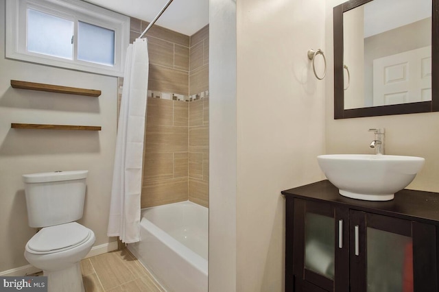 full bathroom with vanity, toilet, and shower / bathtub combination with curtain