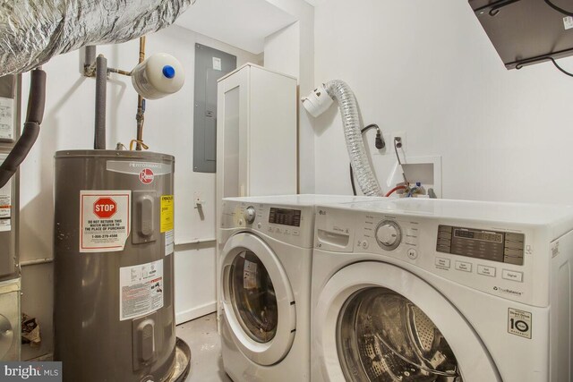 laundry room with electric panel, electric water heater, and washer and clothes dryer