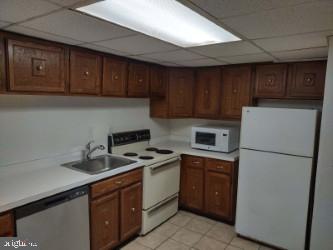 kitchen with sink, a drop ceiling, and white appliances