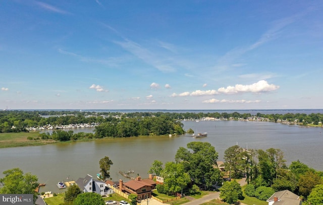 drone / aerial view featuring a water view