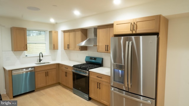 kitchen featuring backsplash, wall chimney exhaust hood, sink, and stainless steel appliances