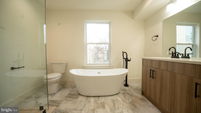 full bathroom featuring vanity, toilet, and independent shower and bath