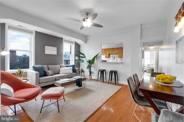 living room with ceiling fan and light wood-type flooring