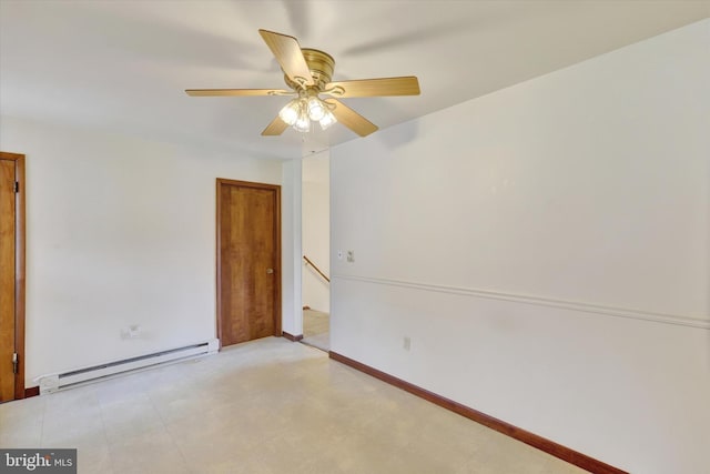 spare room featuring baseboard heating and ceiling fan