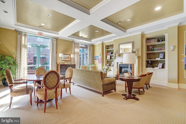 interior space with built in shelves, beam ceiling, crown molding, and light carpet