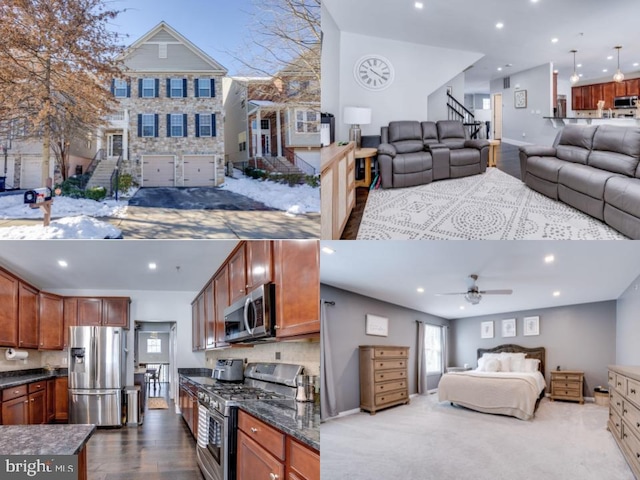 kitchen with stainless steel appliances, ceiling fan, backsplash, and dark stone counters