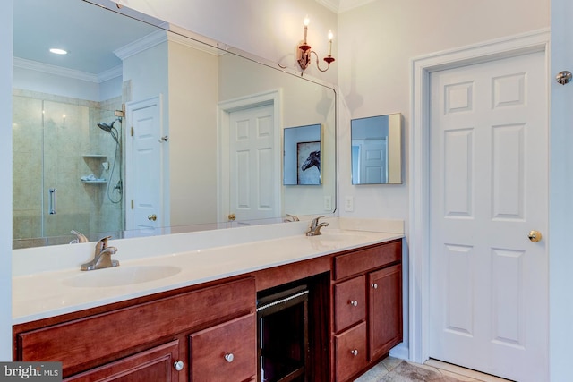 bathroom with vanity, walk in shower, and ornamental molding