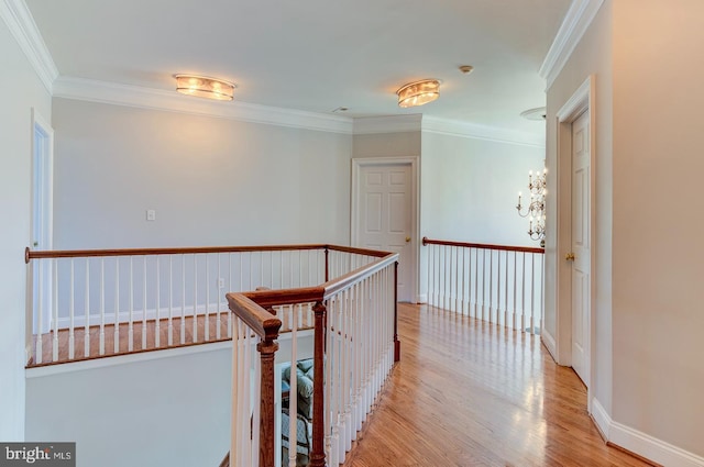 hall with a chandelier, light hardwood / wood-style floors, and ornamental molding