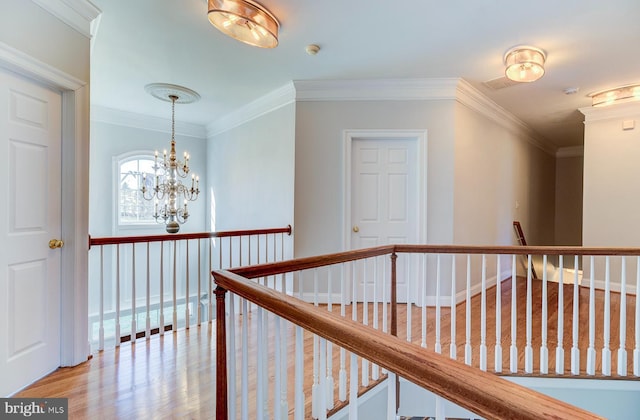 hallway with hardwood / wood-style floors, an inviting chandelier, and ornamental molding