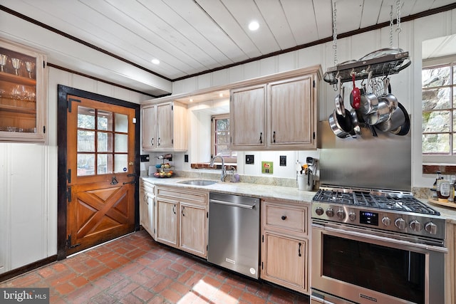3007 Faulkland Rd, Wilmington, DE 19808 - kitchen featuring stainless steel appliances, a sink, ornamental molding, light stone countertops, and recessed lighting