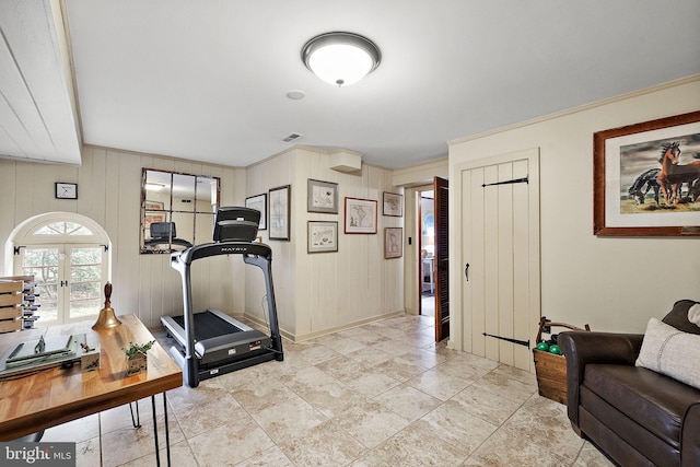 3007 Faulkland Rd, Wilmington, DE 19808 - workout room with ornamental molding, baseboards, and wooden walls