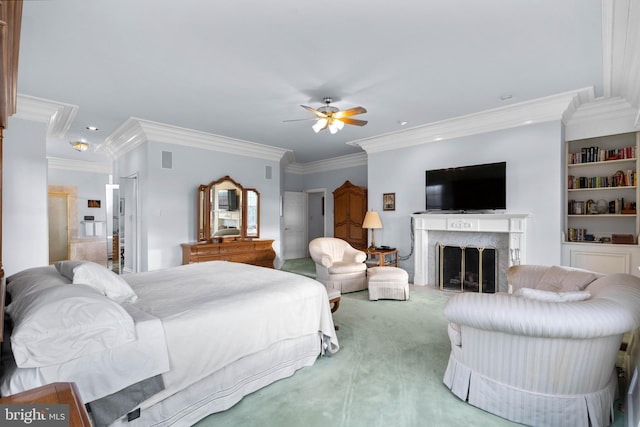 bedroom featuring ceiling fan, crown molding, carpet flooring, a fireplace, and recessed lighting