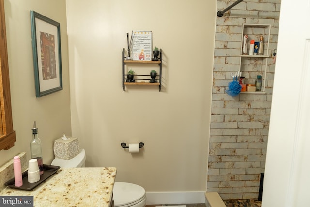 bathroom with a shower, vanity, and toilet