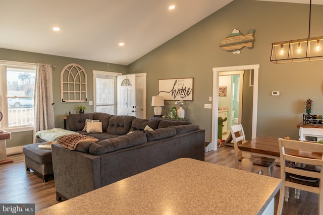 living room featuring hardwood / wood-style floors and vaulted ceiling