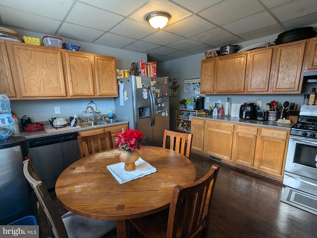 kitchen with appliances with stainless steel finishes, a paneled ceiling, dark hardwood / wood-style floors, and sink