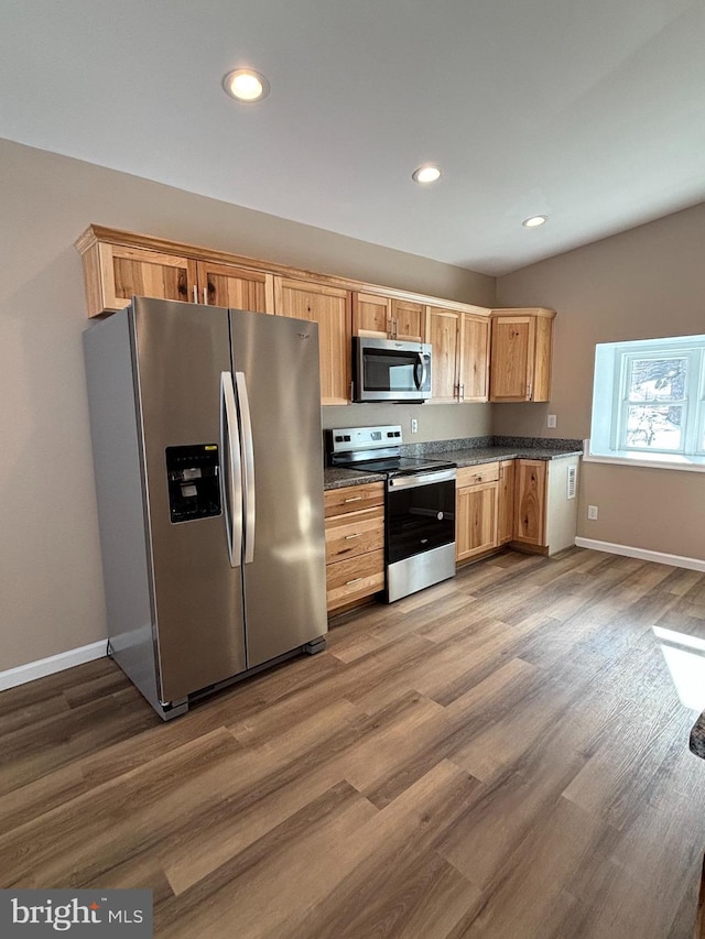 kitchen with stainless steel appliances, vaulted ceiling, and dark hardwood / wood-style floors