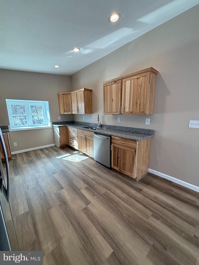 kitchen with sink, hardwood / wood-style flooring, and dishwasher