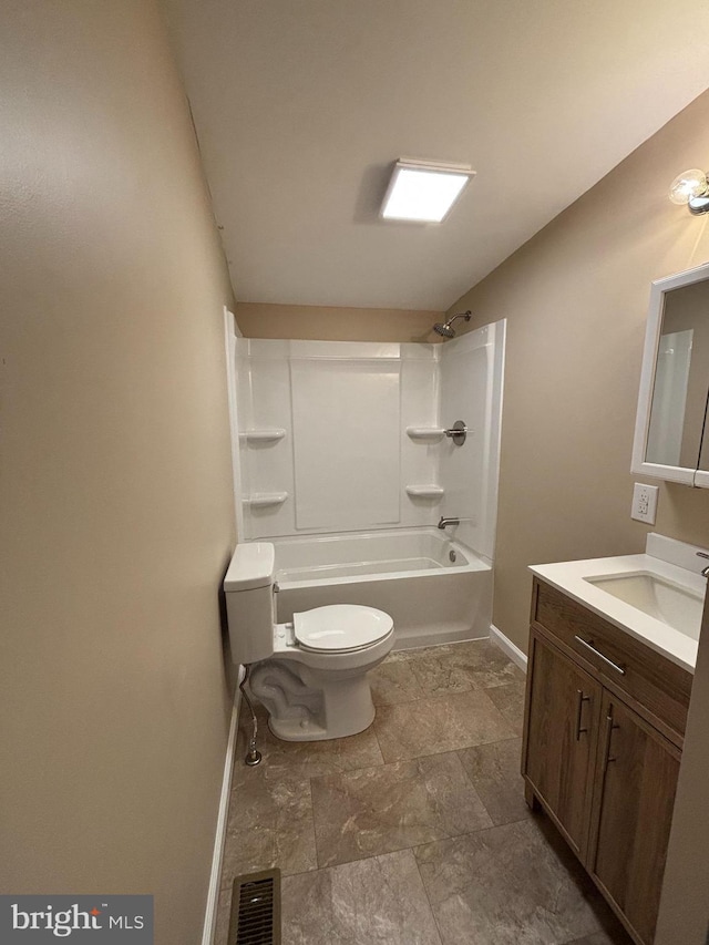 full bathroom with vanity, lofted ceiling, bathing tub / shower combination, and toilet