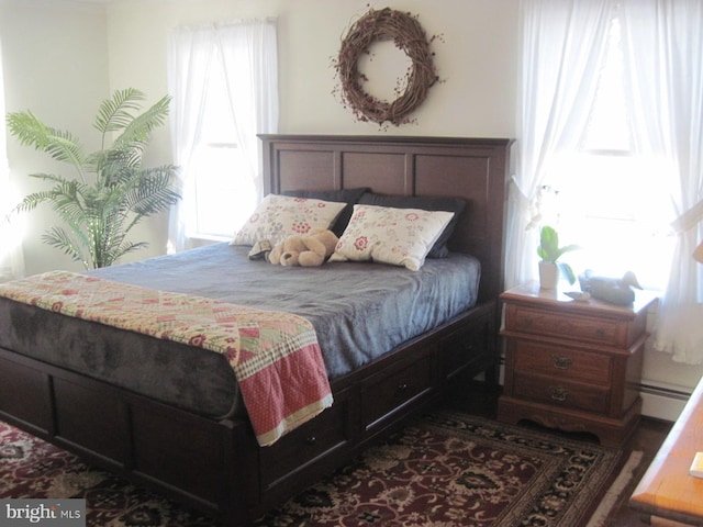 bedroom featuring baseboard heating and multiple windows