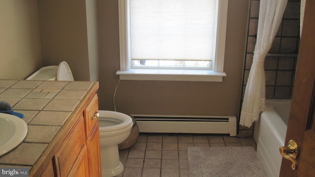 full bathroom featuring shower / bathtub combination with curtain, baseboard heating, tile patterned flooring, toilet, and vanity