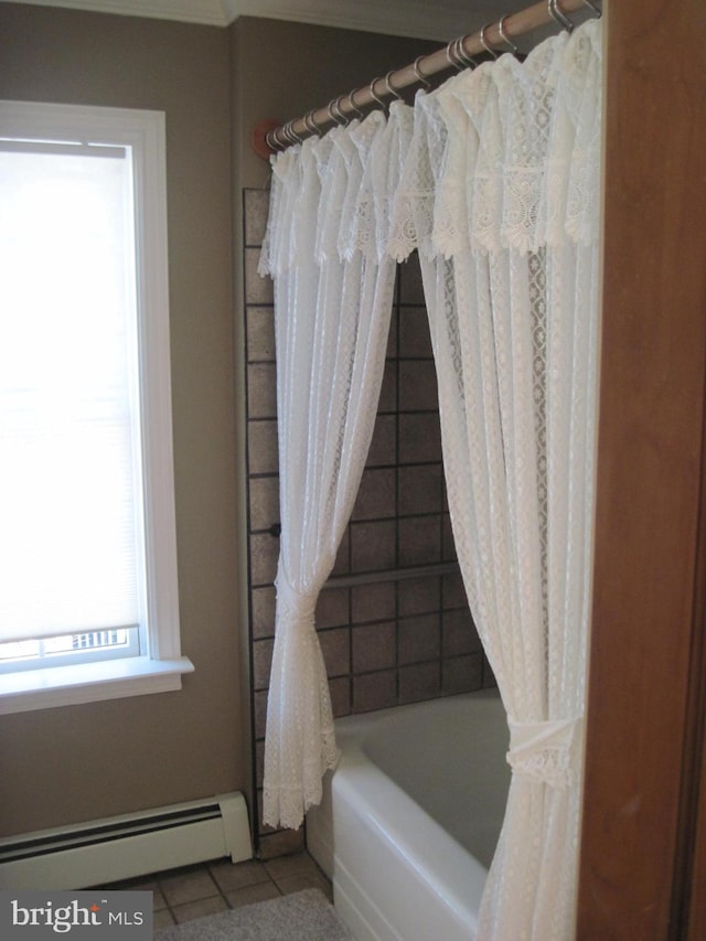 bathroom featuring baseboard heating, tile patterned floors, and shower / bath combination with curtain