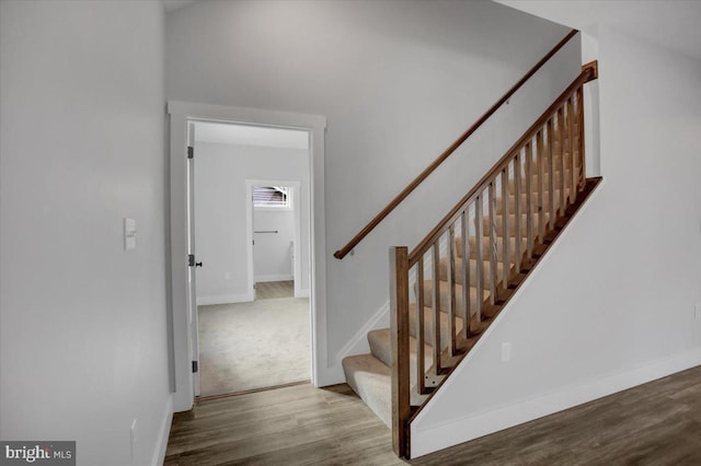 stairway with hardwood / wood-style flooring