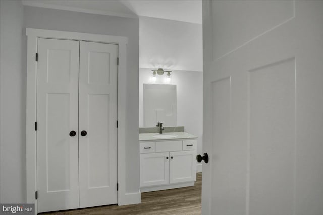 bathroom with vanity and wood-type flooring