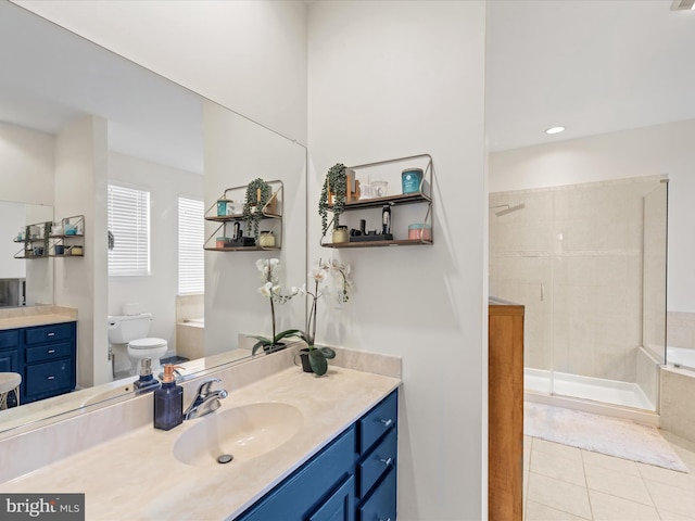 full bathroom with separate shower and tub, tile patterned flooring, vanity, and toilet