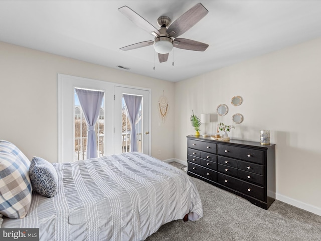 bedroom featuring access to outside, ceiling fan, and light colored carpet