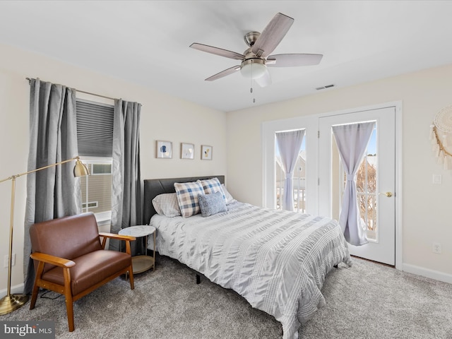 carpeted bedroom featuring access to outside and ceiling fan