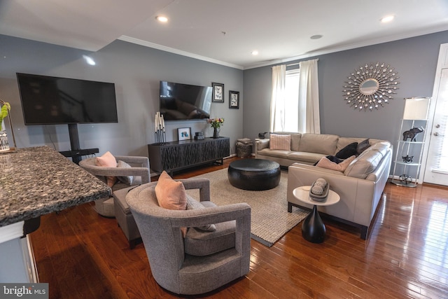 living room featuring ornamental molding and dark wood-type flooring